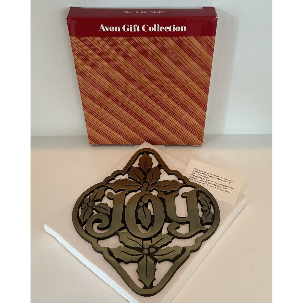 Vintage Avon Brass Cast Iron Footed Trivet Wall Hanging Christmas Joy And Holly